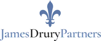 James Drury Partners logo featuring a blue fleur-de-lis symbol above the company name in gray and blue text.
