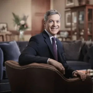 James Pruett is seated in a leather chair and is turned to face the camera. He has gray hair, with a black suite and purple speckled tie.