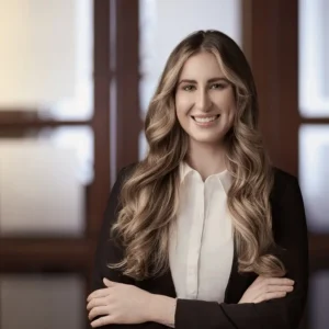 Kaitlyn O'Connor is smiling with her arms crossed. She has long wavy blonde hair and is wearing a black cardigan over a white collared blouse.