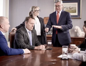 Five people in business attire have a meeting around a wooden table; one man stands and speaks while the others listen, with papers and drinks on the table.