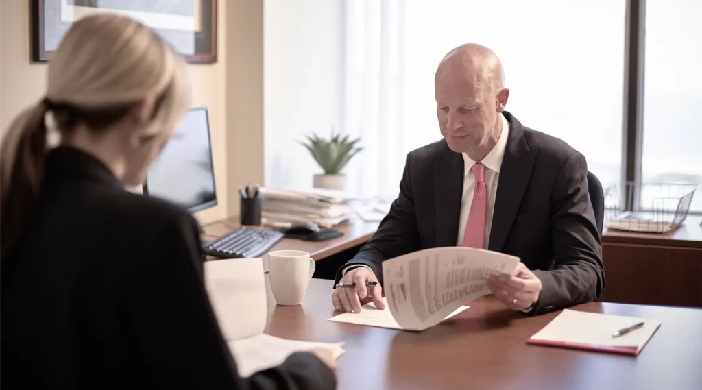 Two people in business attire sit across from each other at an office desk, reviewing documents. A computer, coffee mug, and plant are visible in the background.