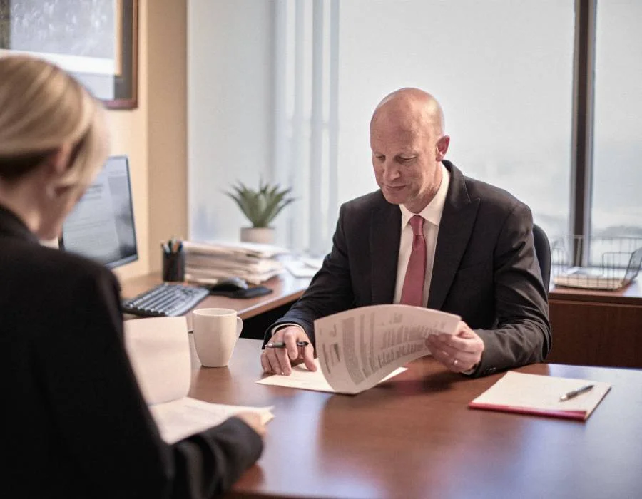Two people in business attire sit at a desk in an office, reviewing documents. A computer, papers, a plant, and a coffee mug are visible on the desk.
