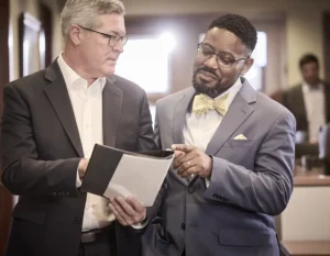 Two men in suits stand indoors, reviewing documents together; one man points at the papers while they discuss.