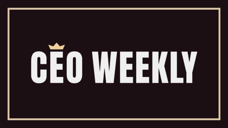 White text reads "CEO WEEKLY" on a black background with a thin tan border. The "E" in "CEO" is topped with a small gold crown.