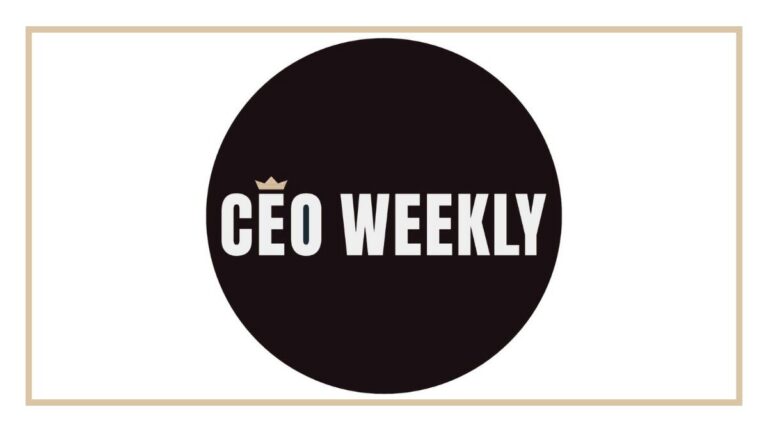 Black circle with the text "CEO WEEKLY" in white capital letters, featuring a small gold crown above the "E" in "CEO." Thin gold border around the image.