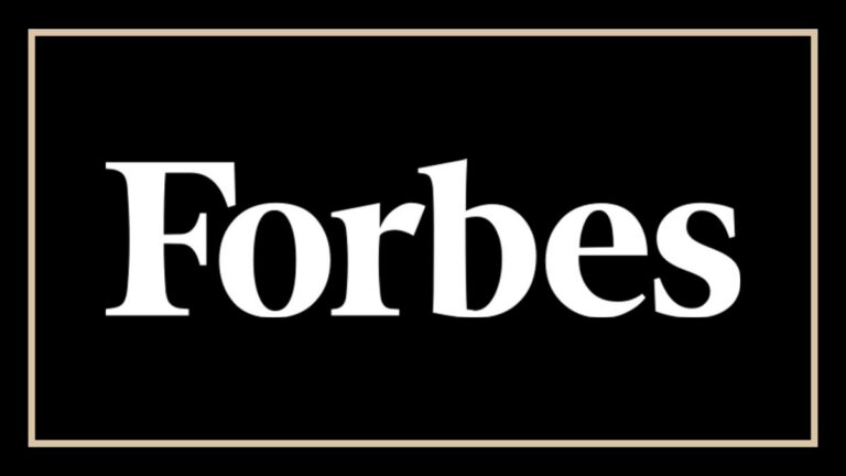 Forbes logo with white text on a black background, outlined by a thin gold rectangular border.