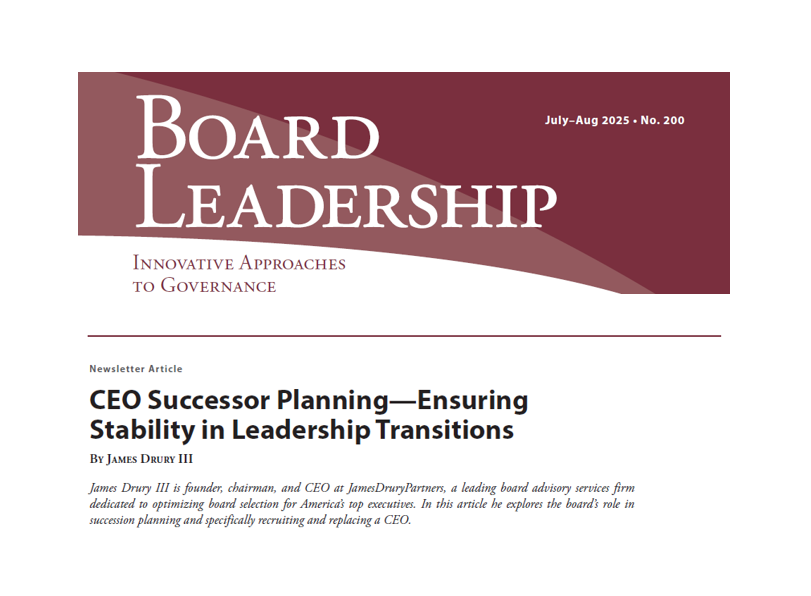 Newsletter article titled "CEO Successor Planning—Ensuring Stability in Leadership Transitions" featured in the July-August 2025 issue of Board Leadership.