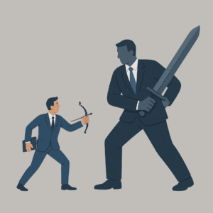 An illustration of a small man in a business suit holding a broken slingshot facing a much larger man in a suit wielding a large sword.