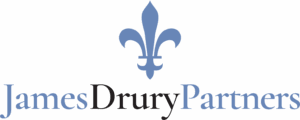 James Drury Partners logo featuring a blue fleur-de-lis above the company name with "Drury" in black and the other words in blue.
