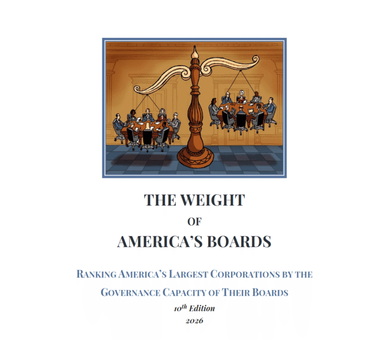 Illustration of a large scale balancing a group of people in suits, with text about ranking America's largest corporations by board governance capacity, 10th edition, 2026.