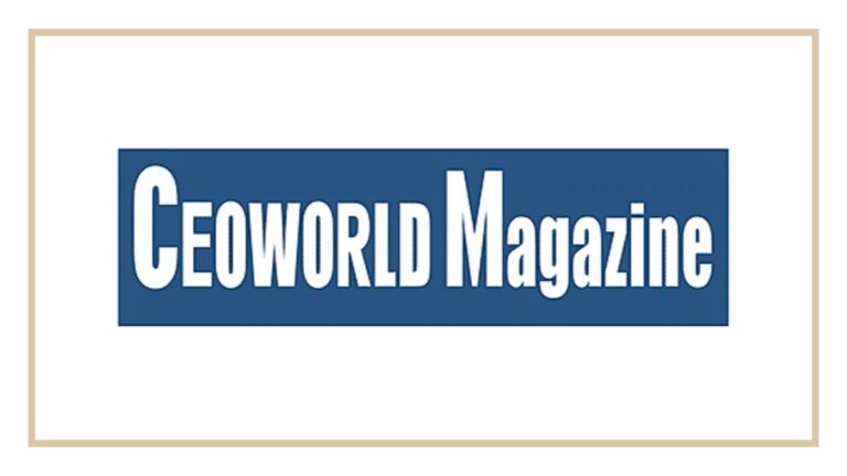 The image shows the CEOWORLD Magazine logo with white text on a blue background, framed by a thin gold border.