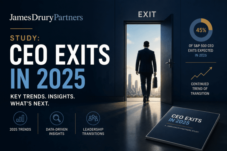 A man in a suit exits an office building toward a city skyline; text highlights a study on CEO exits in 2025, key insights, and industry trends.