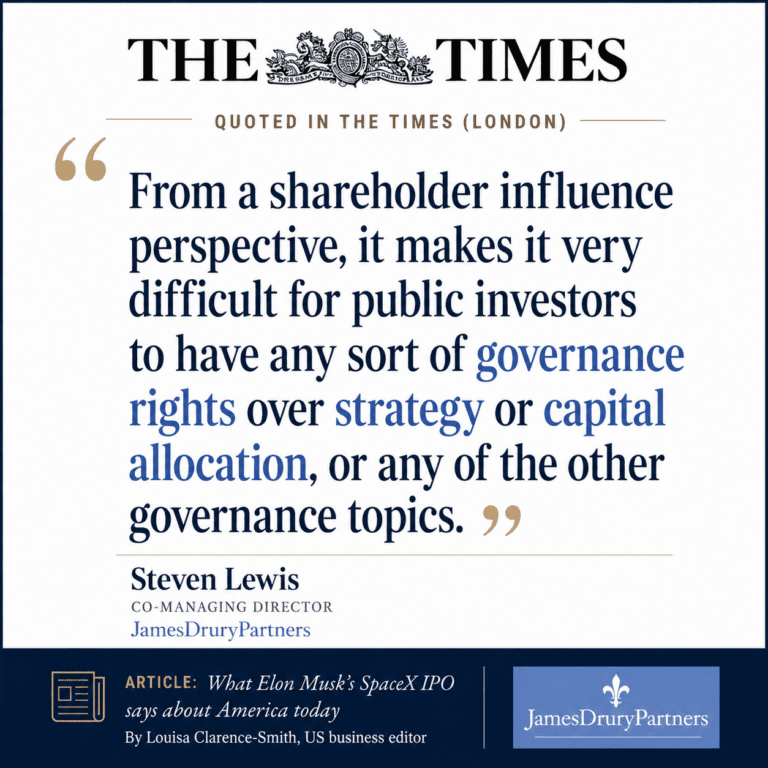 A quote from JDP's Steven Lewis discusses the challenges public investors face in having influence over governance rights, strategy, or capital allocation.